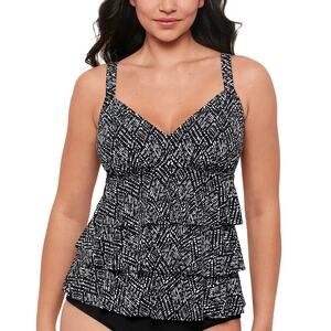 Swim Solutions Women Abstract Tiered Wireless V-Neck Swim Tankini Top Size 8